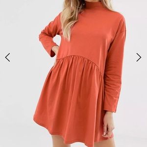 High Neck Curve Seam Smock Dress in Burnt Orange